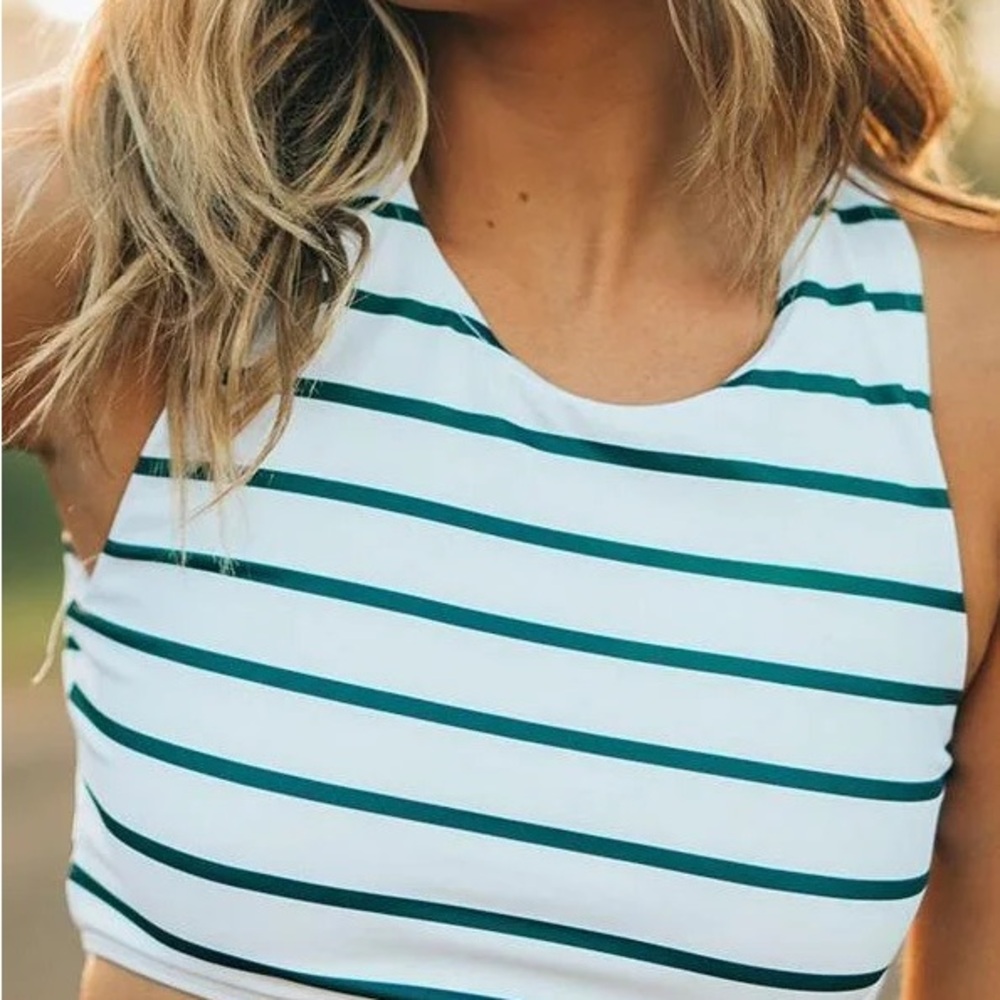 Striped White and Teal Swimsuit